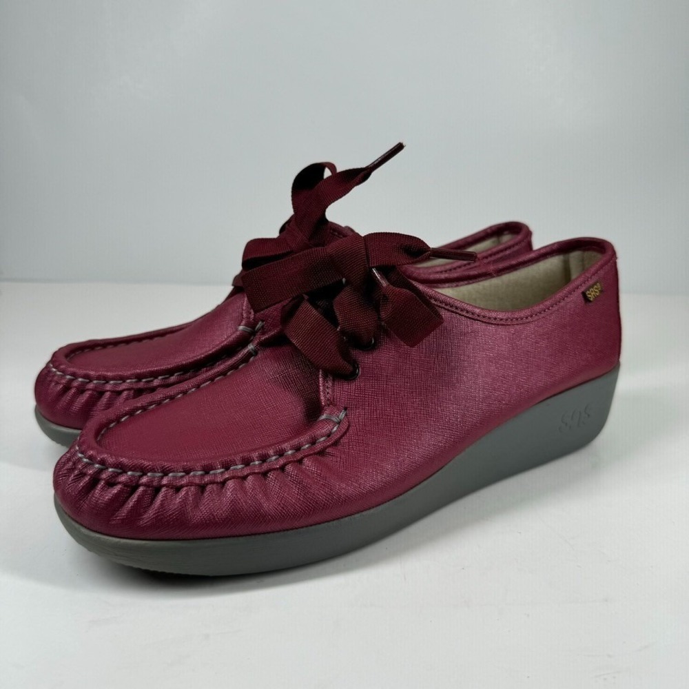 SAS Bounce Women's 11.5M Cranberry Burgundy Leather Lace-Up Wedge Moccasin Shoes